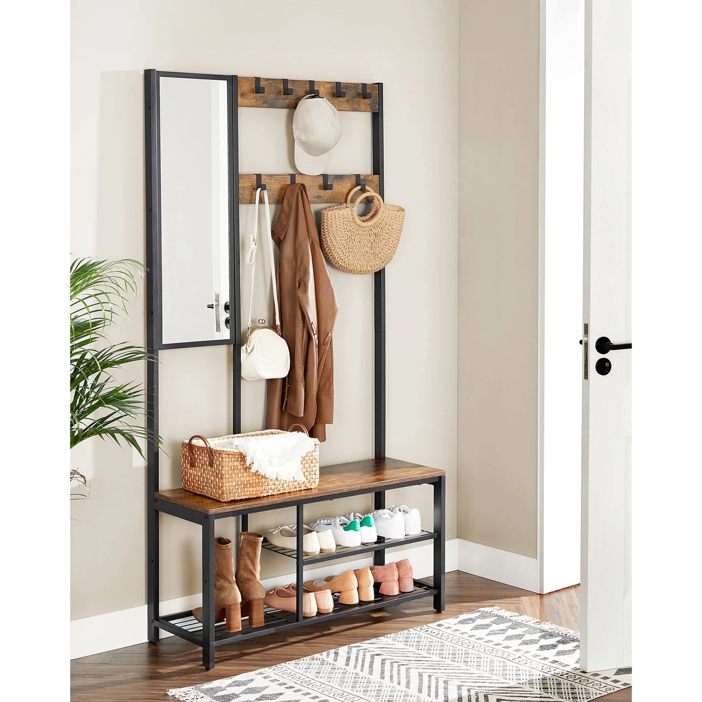 meuble d'entrée avec miroir et porte manteau