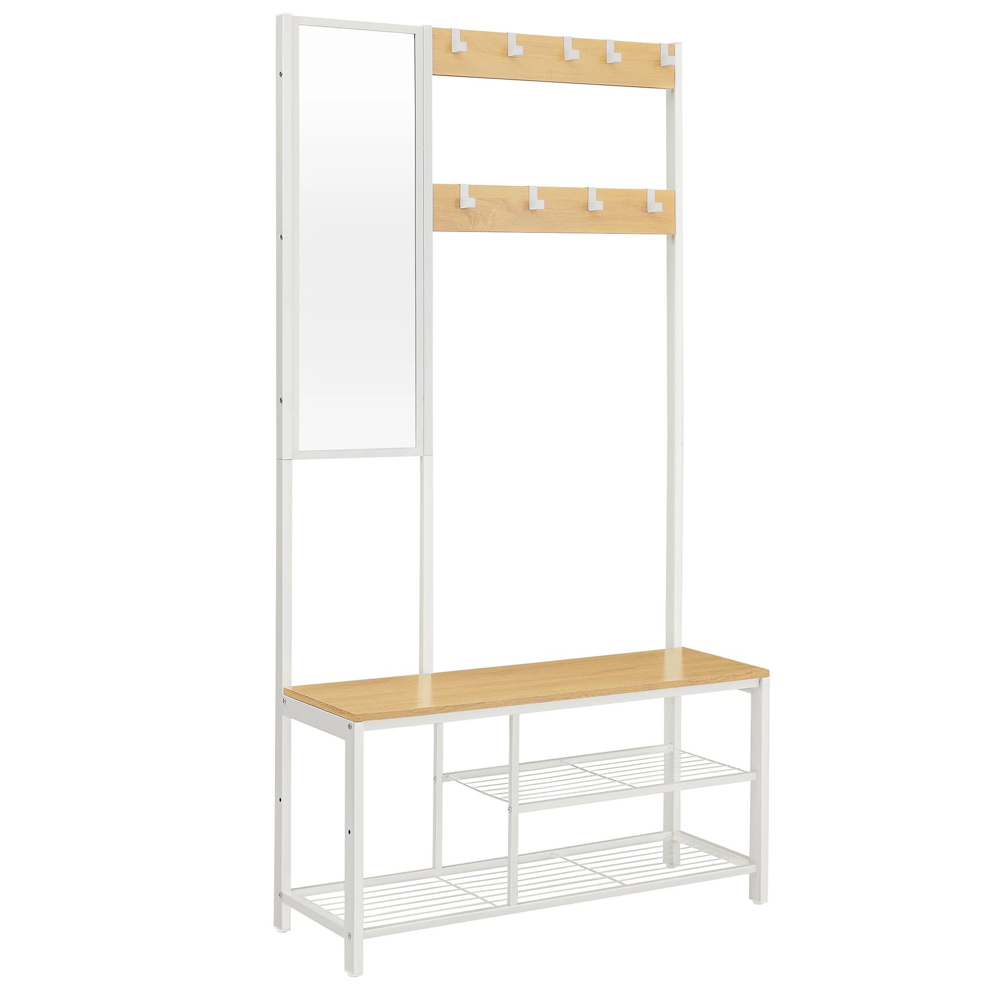 meuble d'entrée avec miroir et porte manteau chêne et blanc