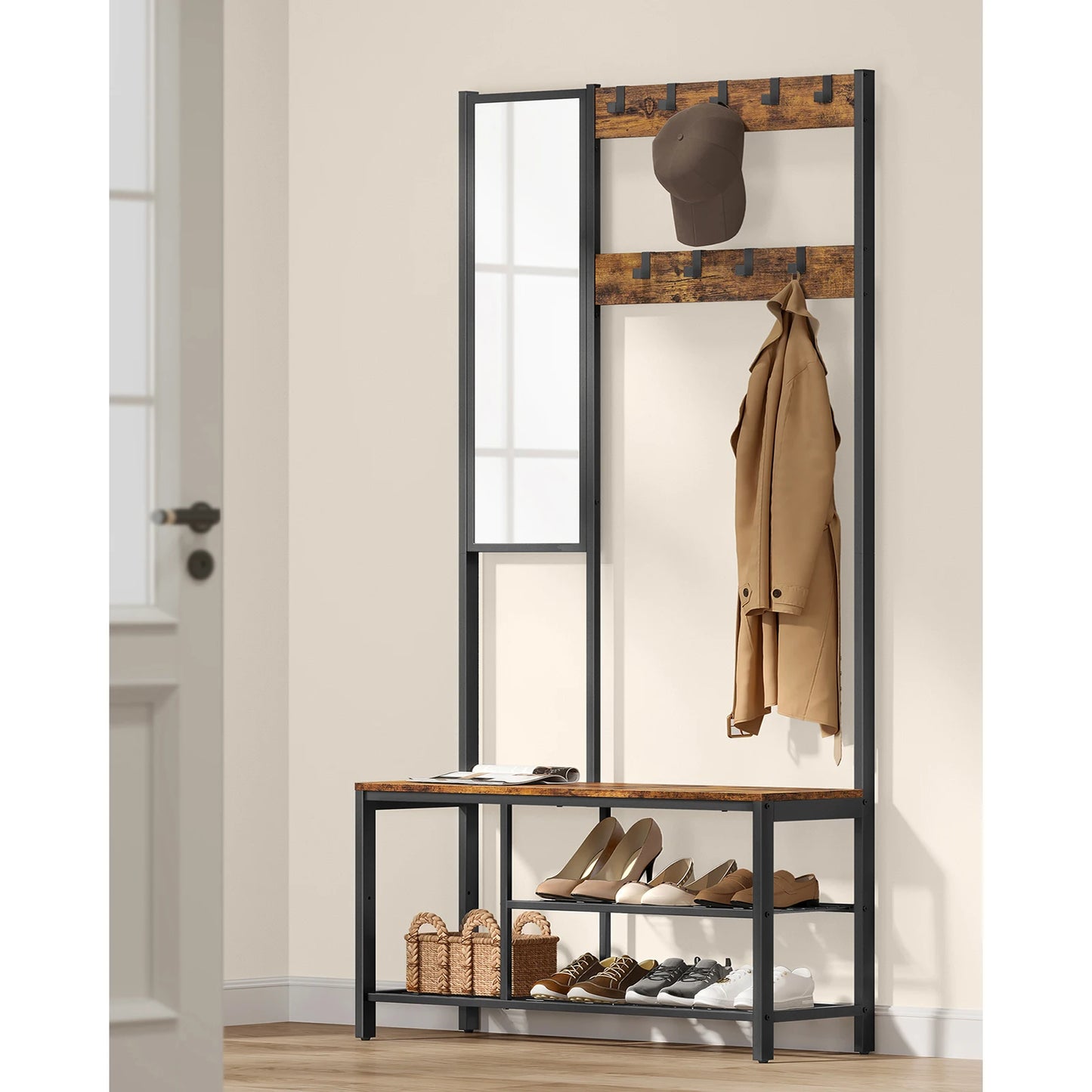 meuble d'entrée avec miroir et porte manteau