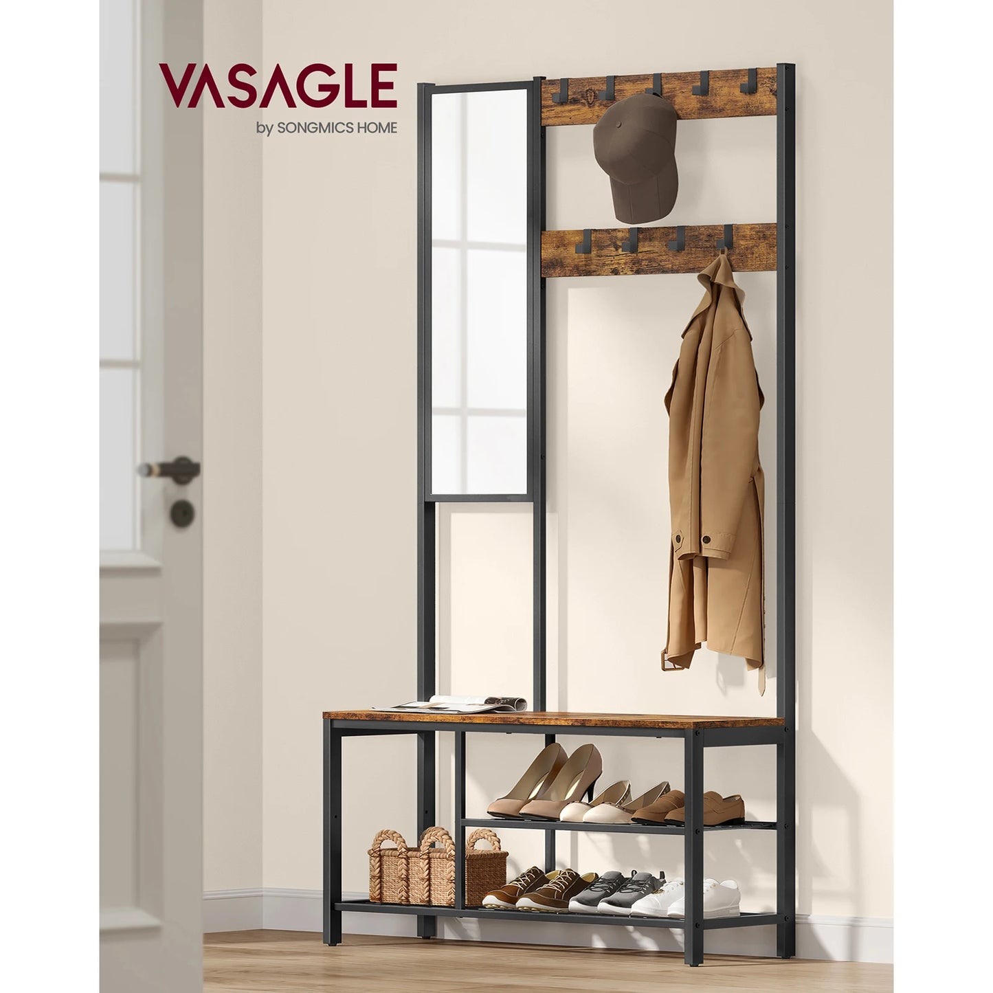 meuble d'entrée avec miroir et porte manteau