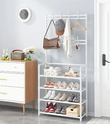 meuble chaussure avec porte manteau blanc 4 étagères