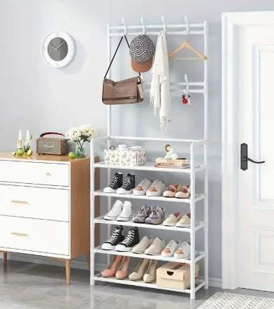 meuble chaussure avec porte manteau blanc 5 étagères