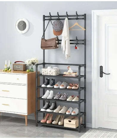 meuble chaussure avec porte manteau noir 5 étagères