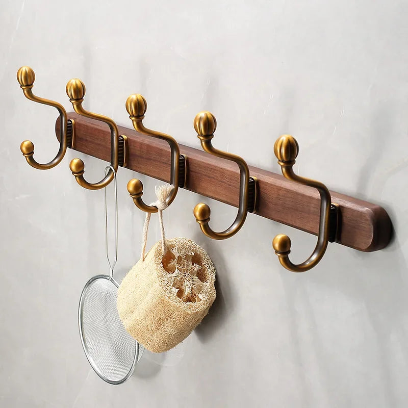 porte manteau mural ancien bois foncé 5 crochets